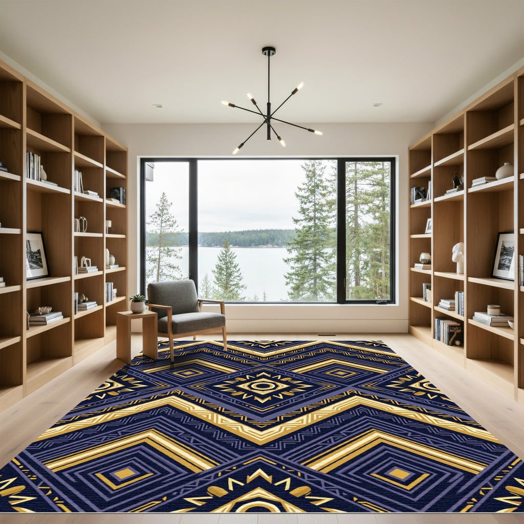 Navy and Gold Geometric Zigzag Diamond Rug