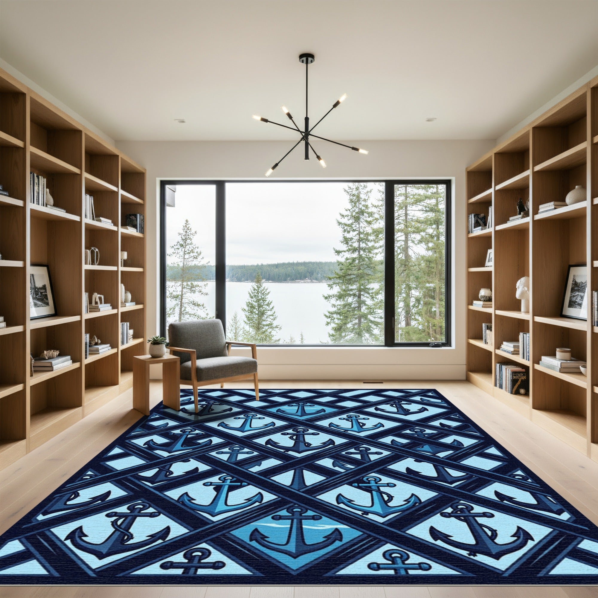 Navy Nautical Anchor Geometric Lattice Rug