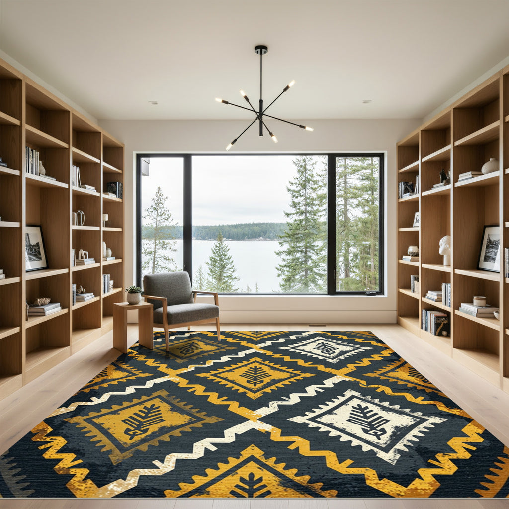 Gold and Charcoal Geometric Leaf Rug