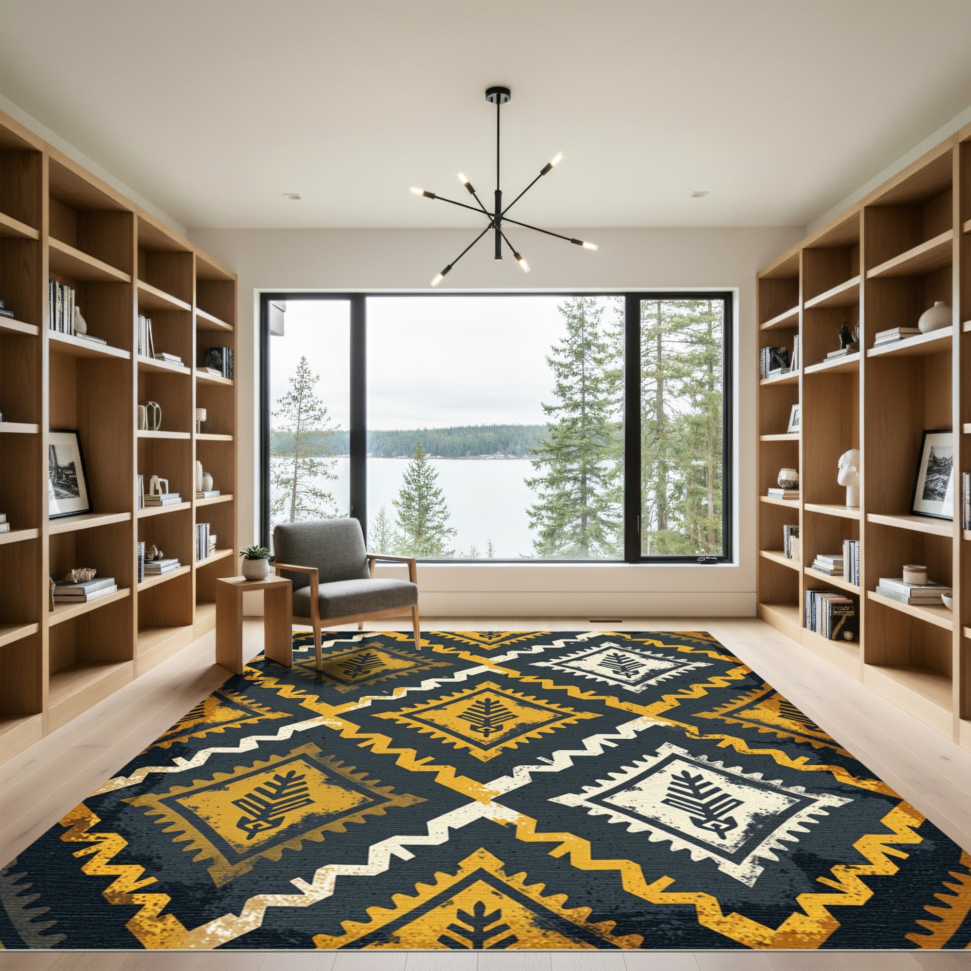 Gold and Charcoal Geometric Leaf Rug