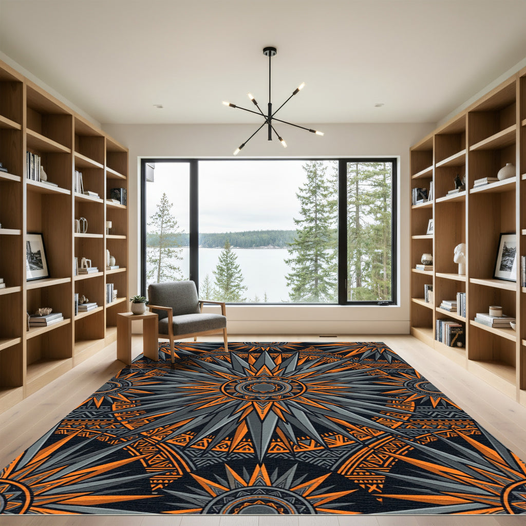 Sharp Orange Gray Radial Sunburst Rug