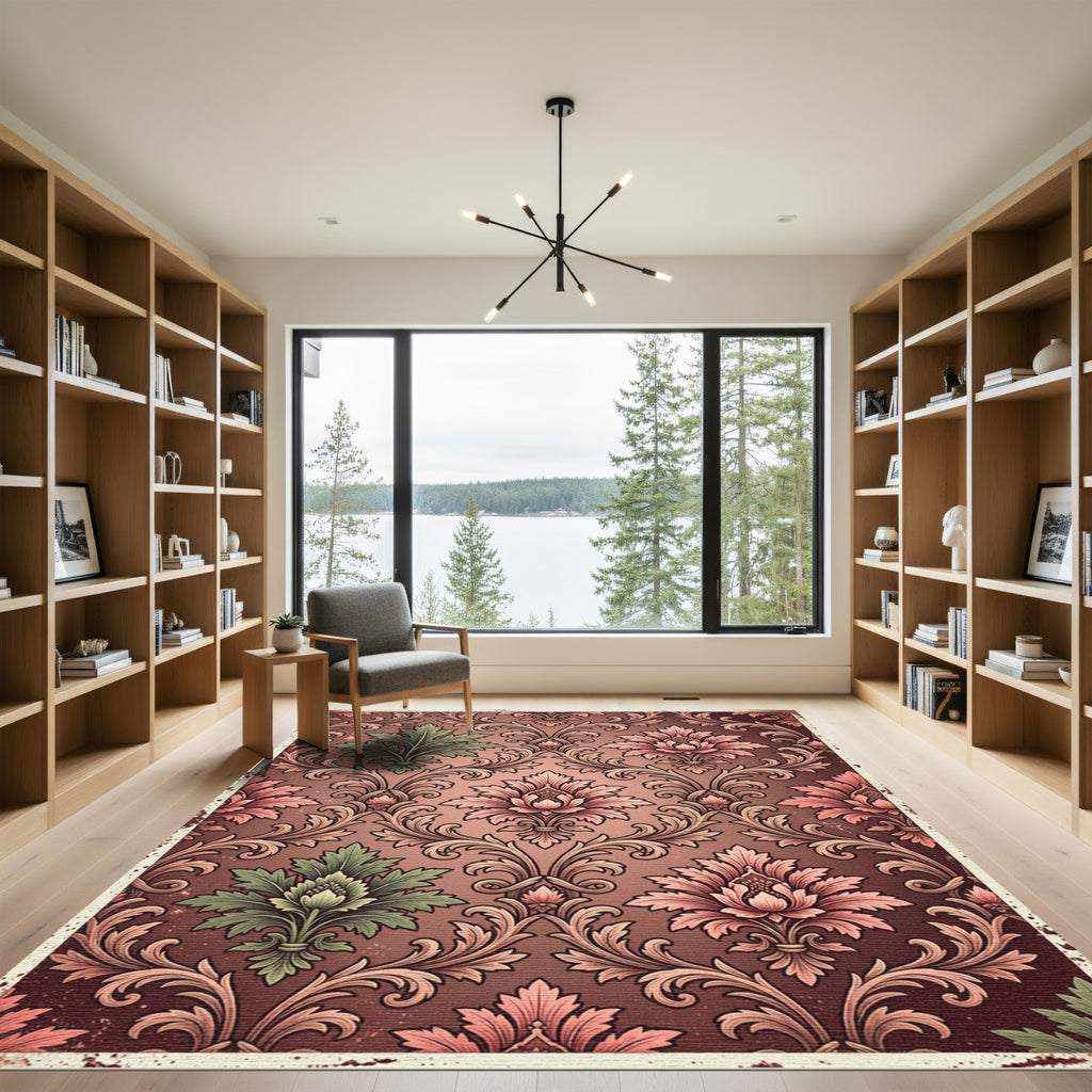 Vintage Dusty Rose and Sage Damask Rug