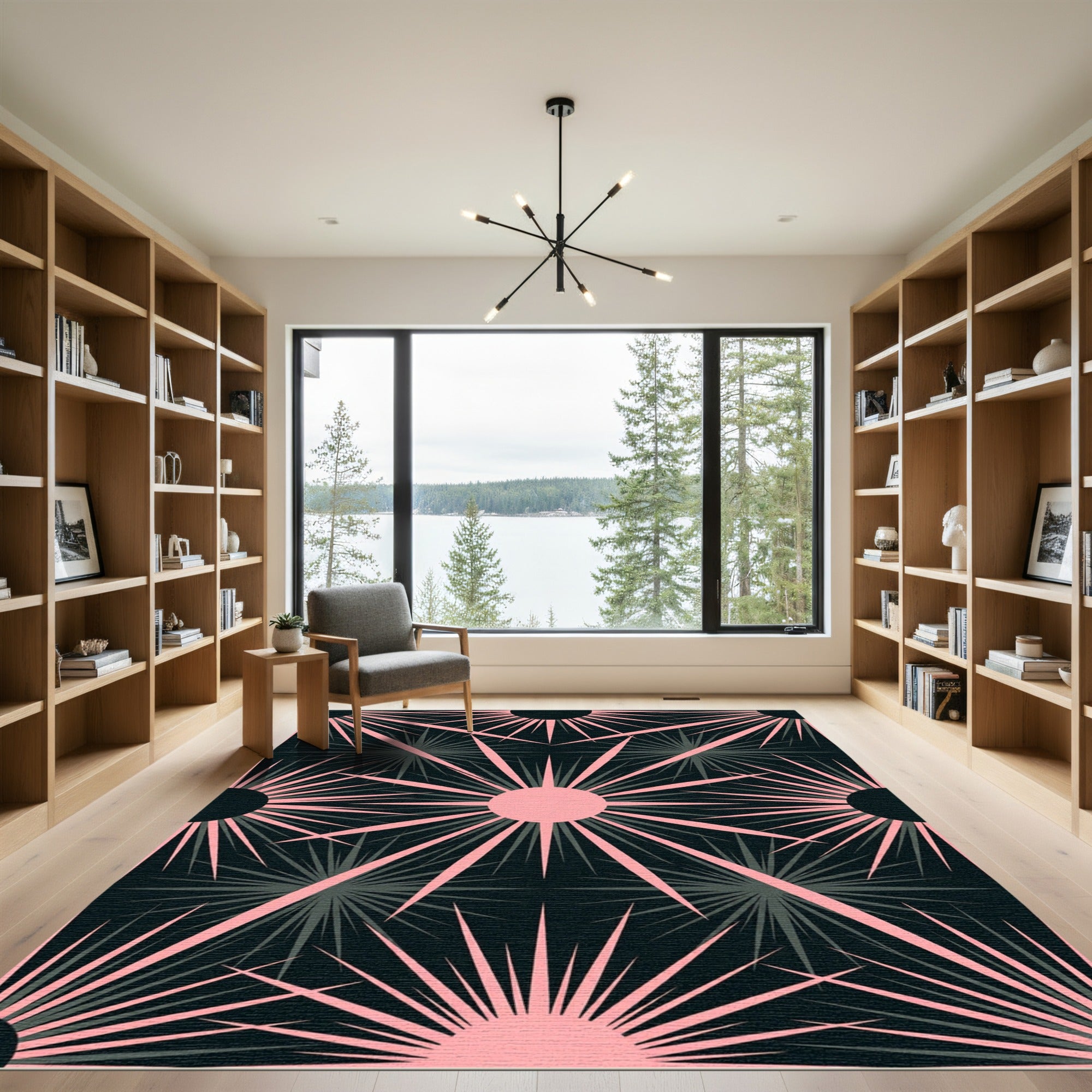 Modern Pink and Charcoal Celestial Burst Rug