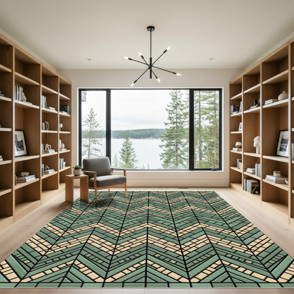 Sage Green Geometric Herringbone Zigzag Rug