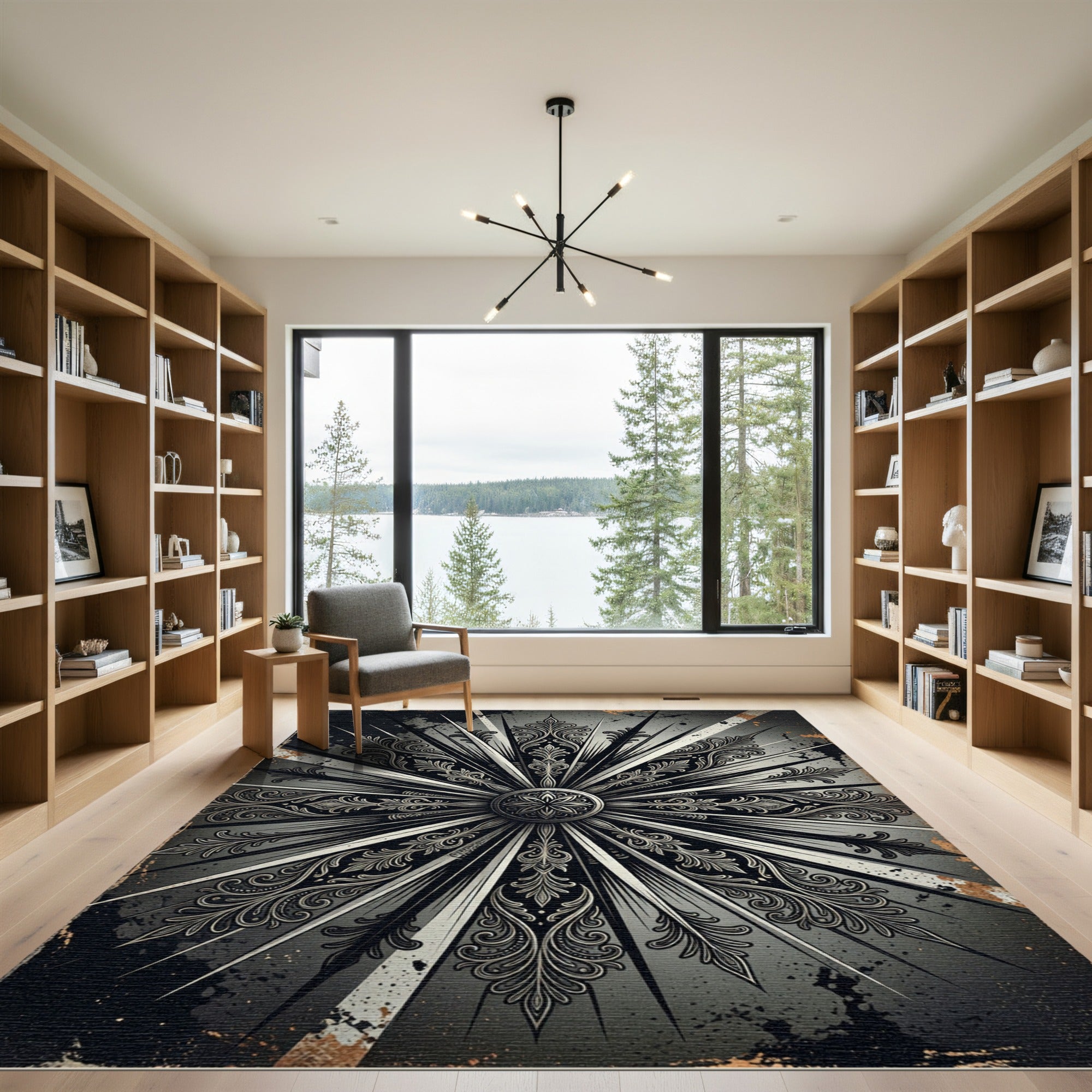 Monochromatic Gothic Starburst Filigree Medallion Rug
