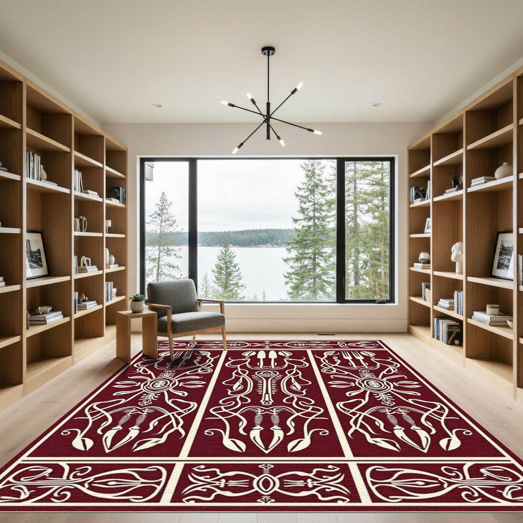 Crimson White Ornate Crest and Utensil Rug