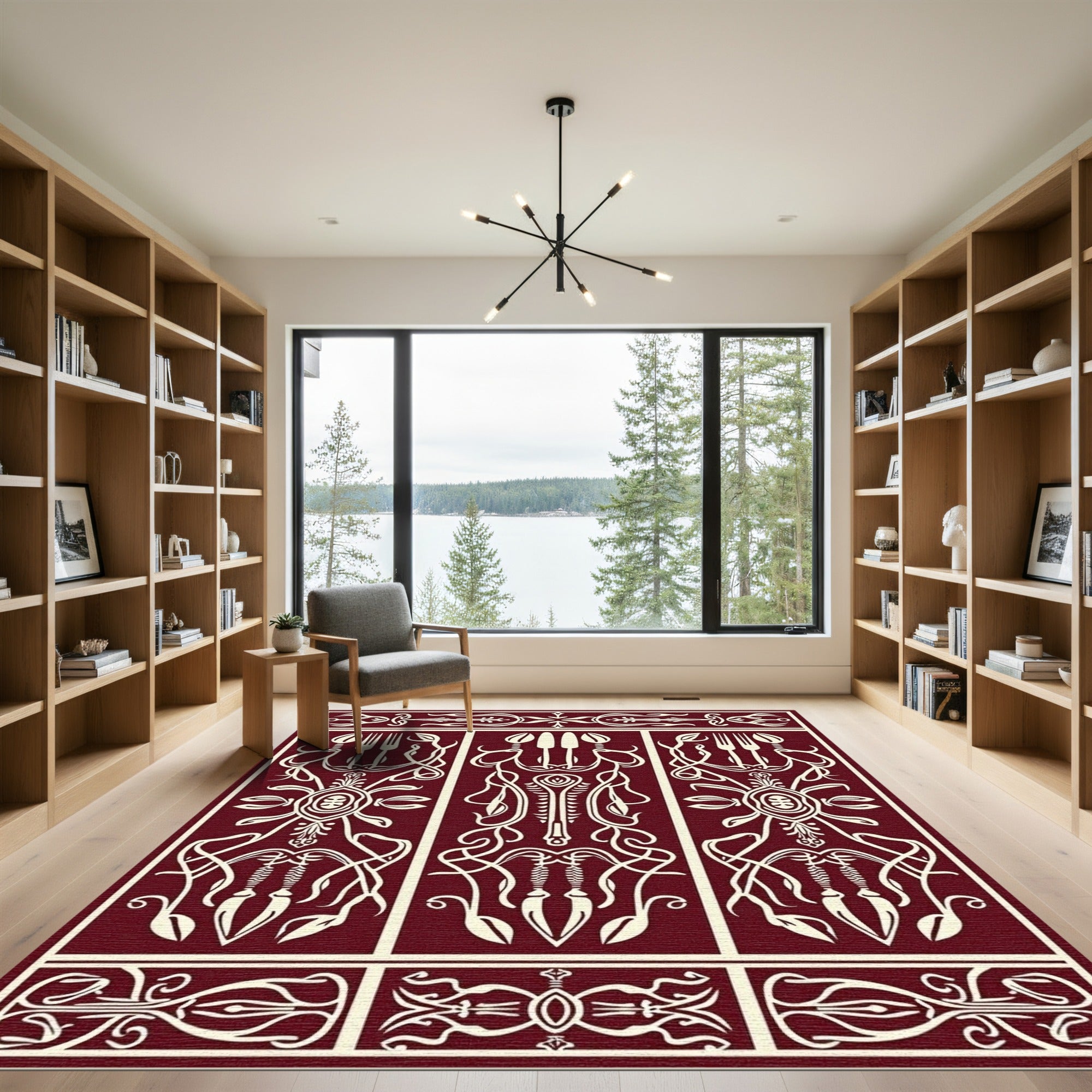 Crimson White Ornate Crest and Utensil Rug