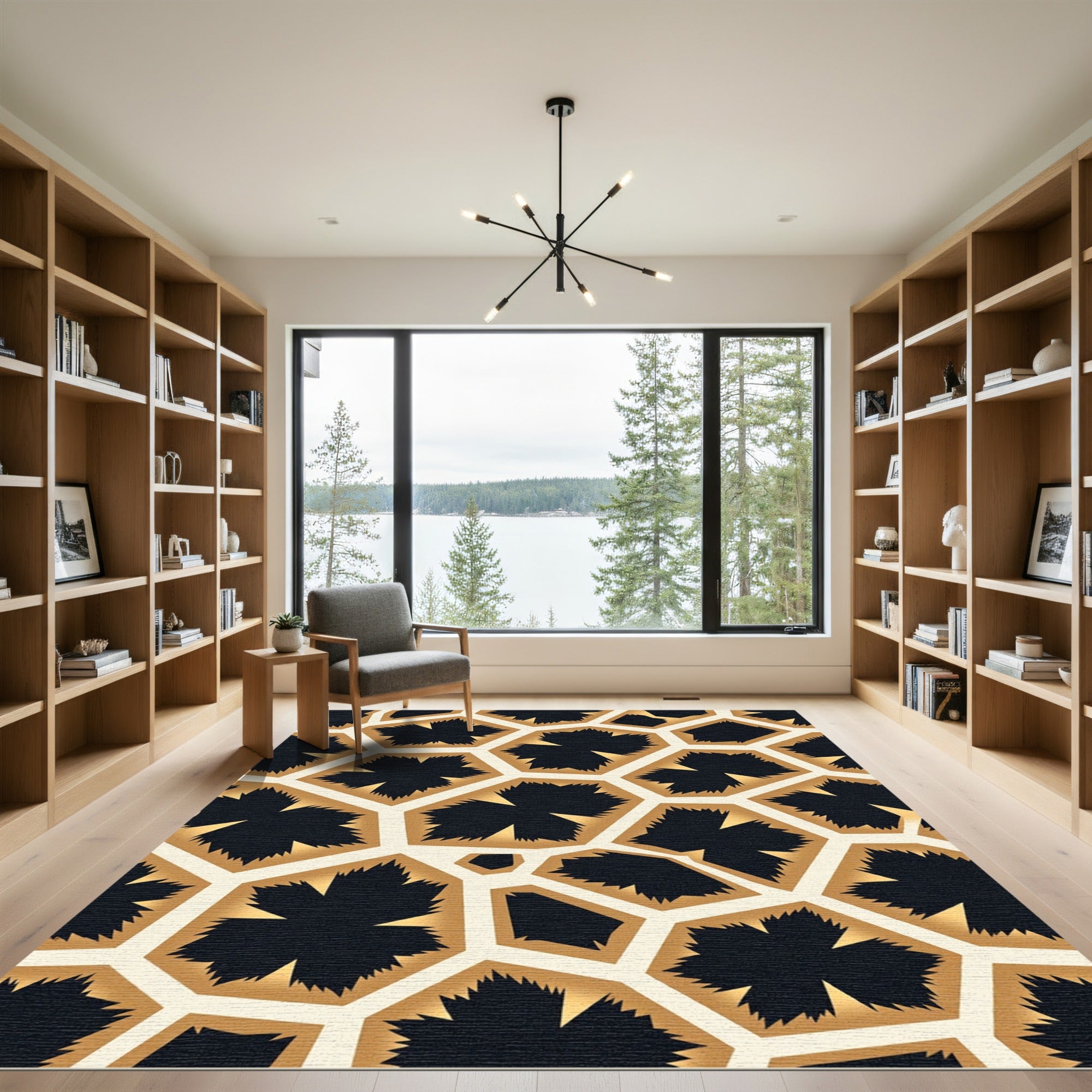 Geometric Gold Black Ochre Cells Rug