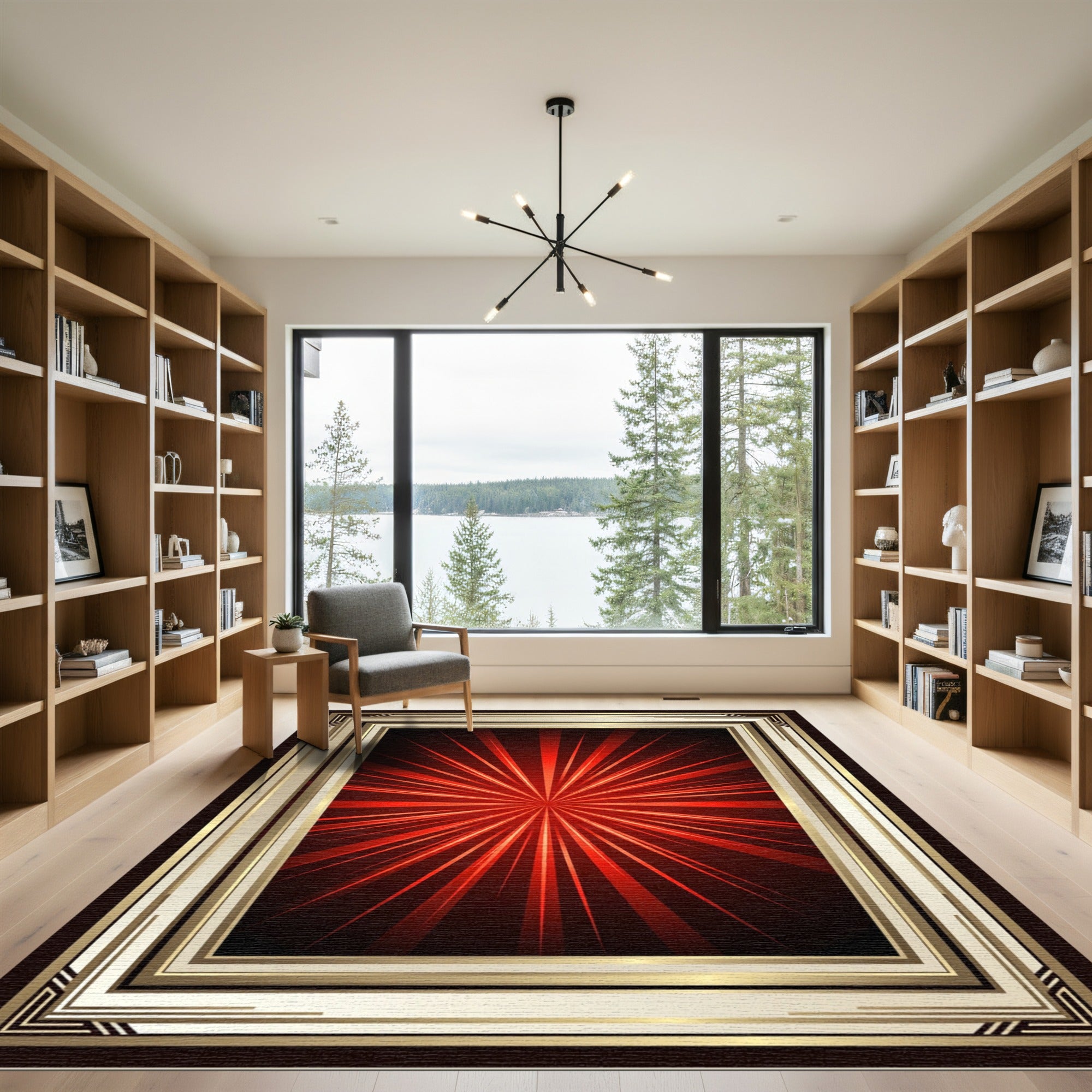 Radiant Red Sunburst Art Deco Frame Rug