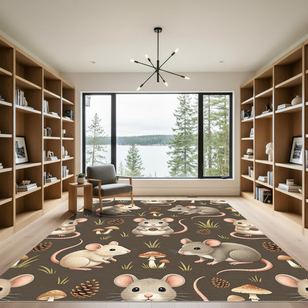 Whimsical Woodland Mouse with Pinecone Illustration Rug