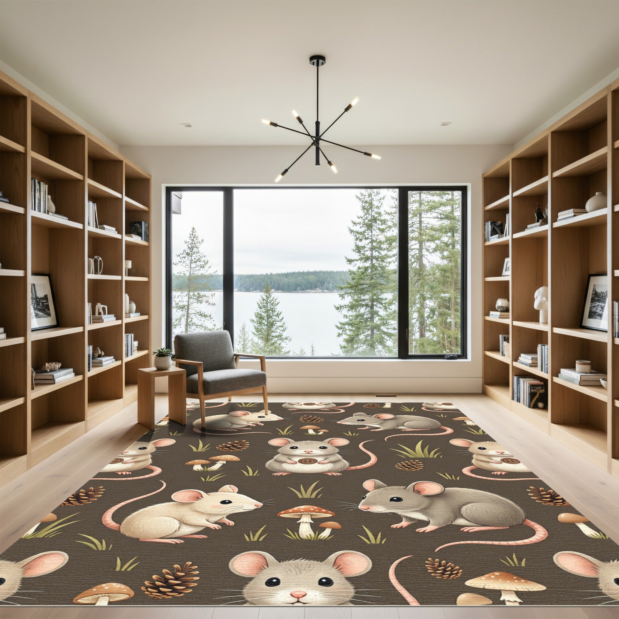 Whimsical Woodland Mouse with Pinecone Illustration Rug