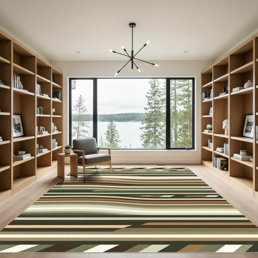 Earthy Olive And Mocha Wavy Stripe Rug