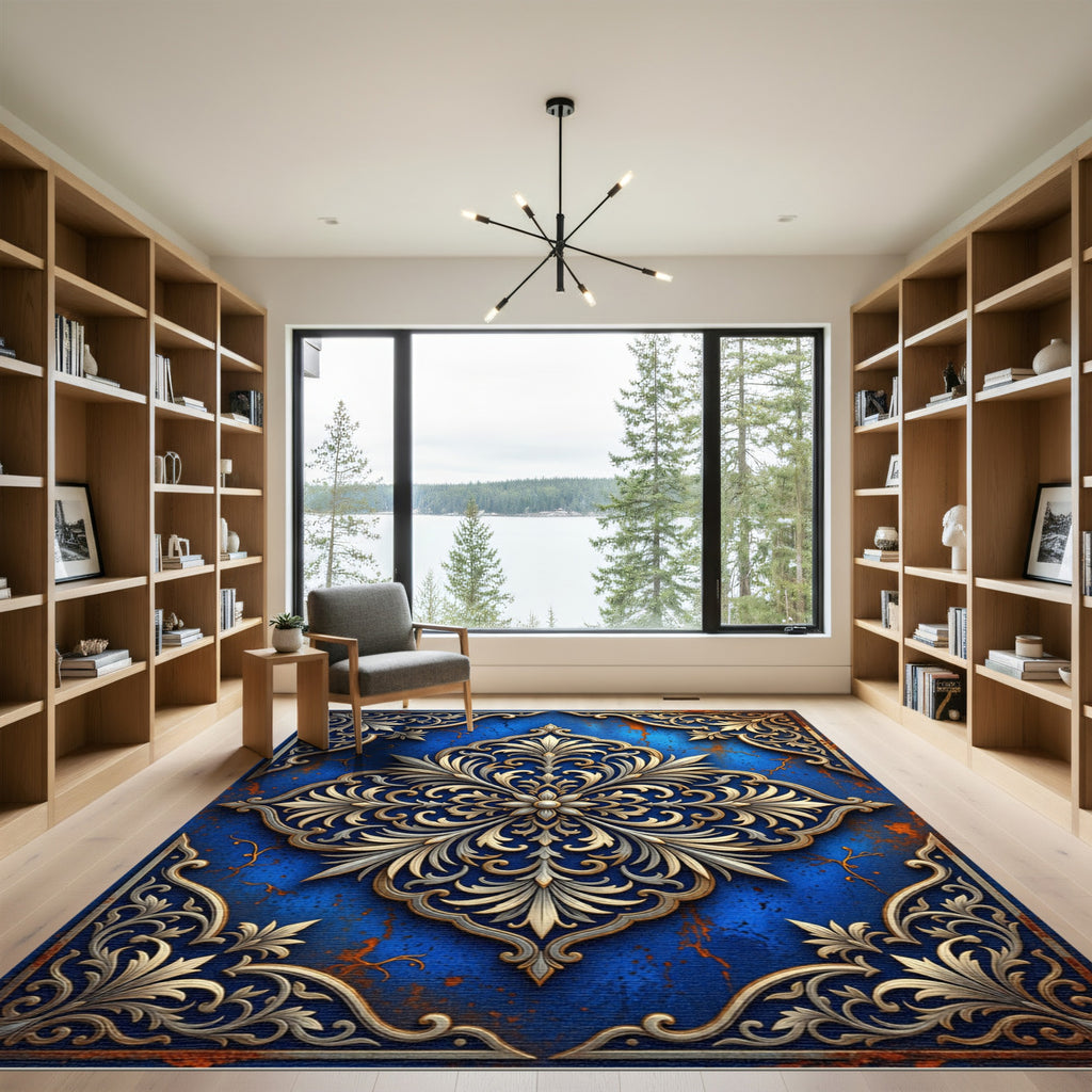 Ornate Royal Blue Golden Damask Scroll Rug