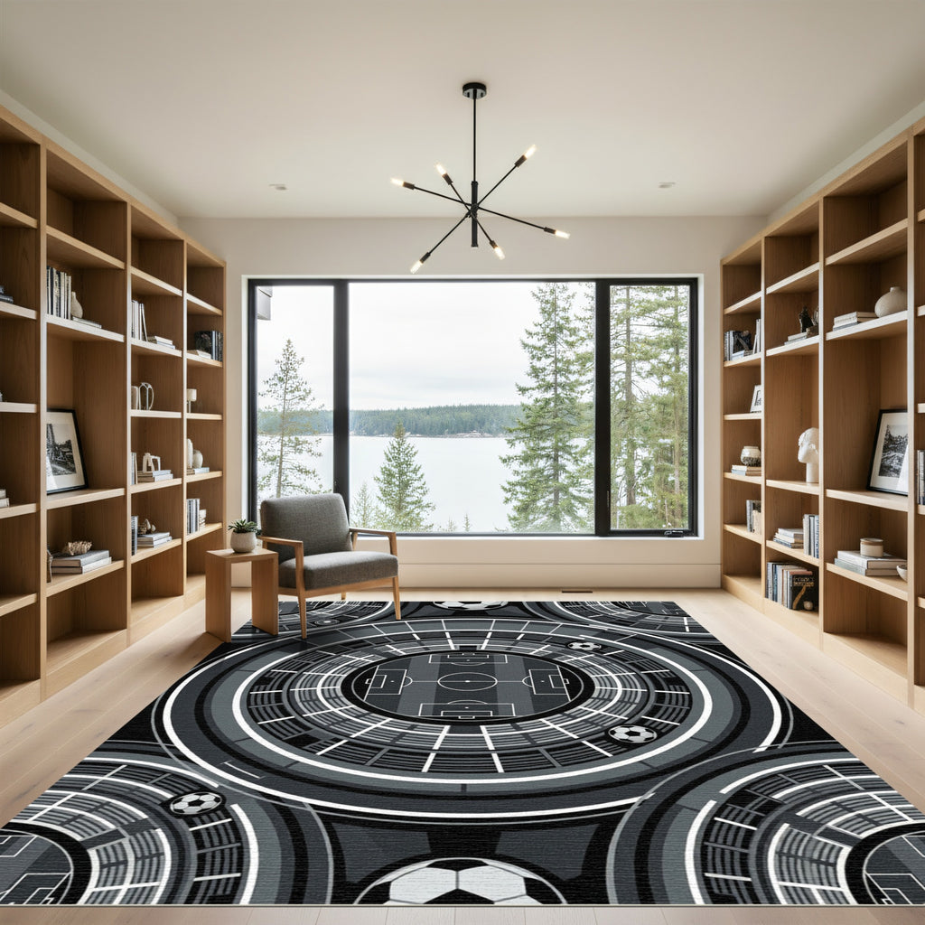 Modern Monochrome Circular Soccer Stadium Grid Rug