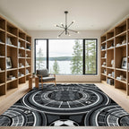 Modern Monochrome Circular Soccer Stadium Grid Rug
