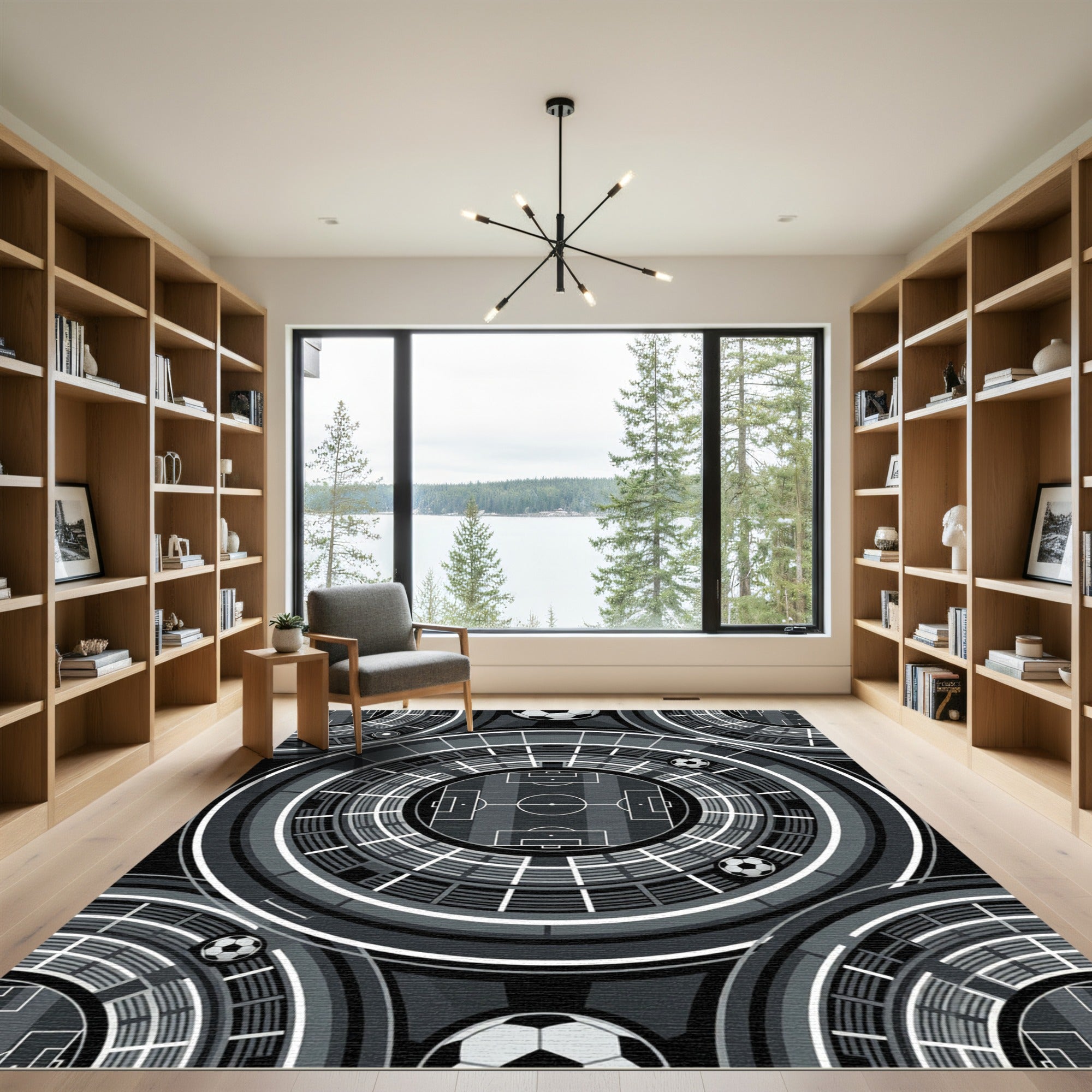 Modern Monochrome Circular Soccer Stadium Grid Rug