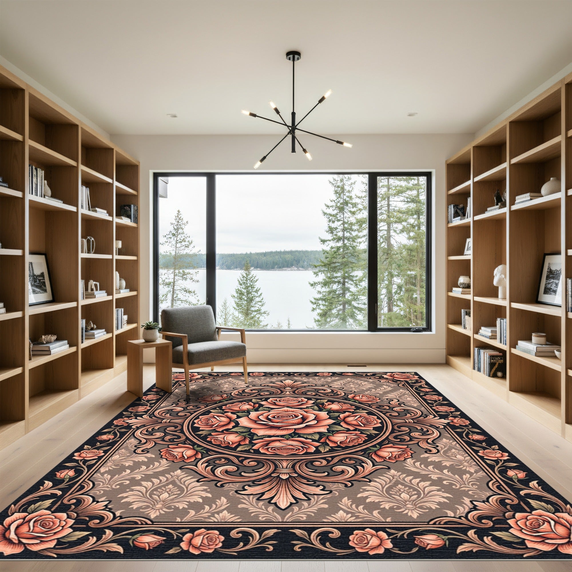 Vintage Peach Rose Scroll Medallion Rug