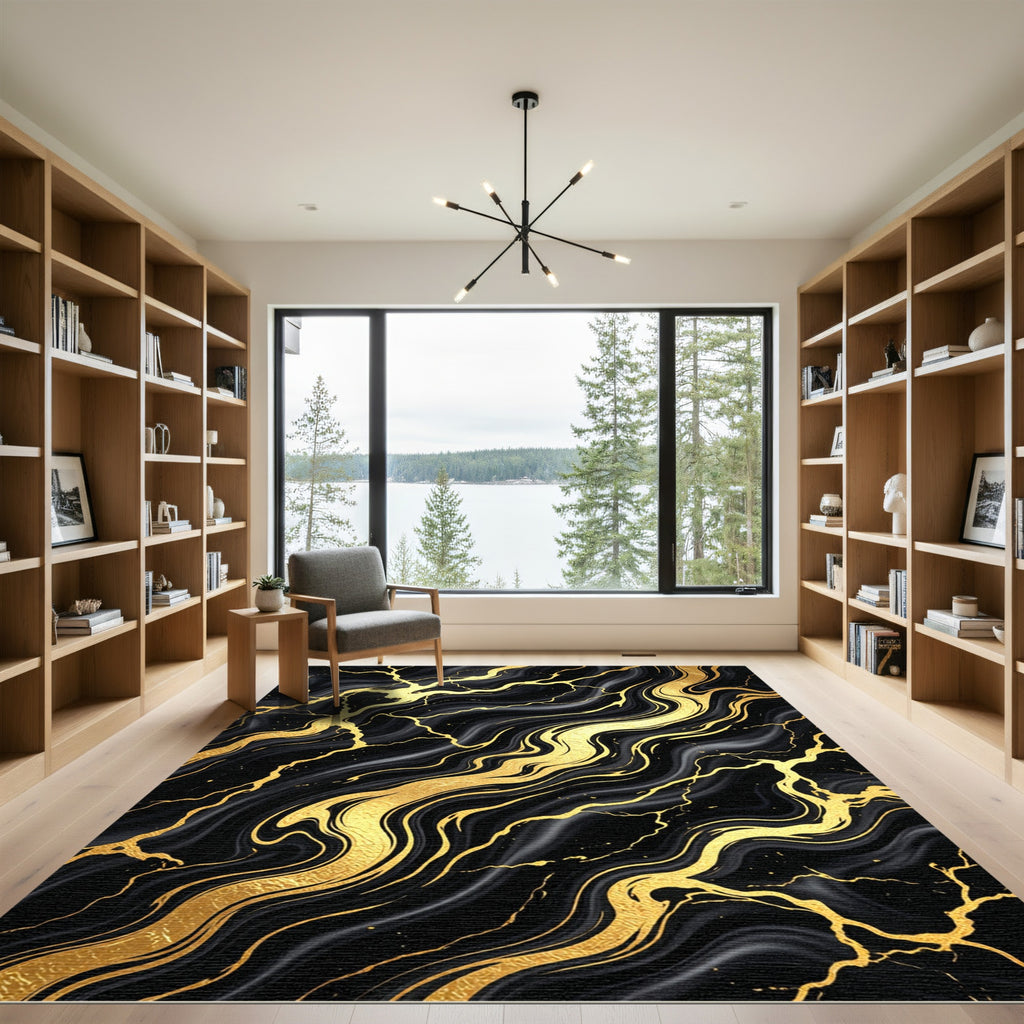 Black Gold Marble Vein Swirl Rug