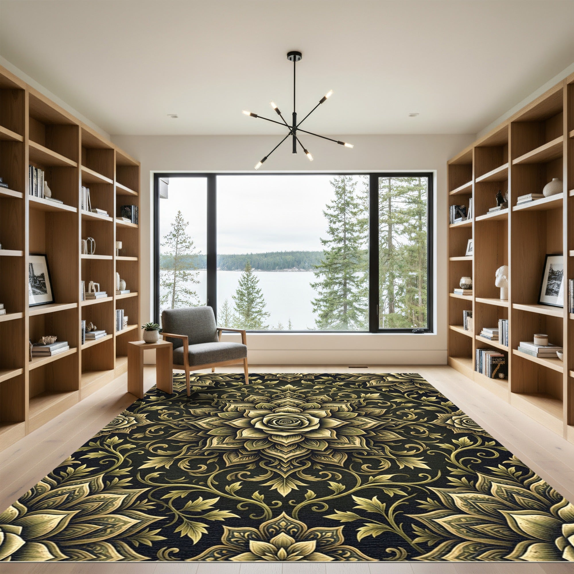 Elegant Golden Rose Floral Medallion Rug