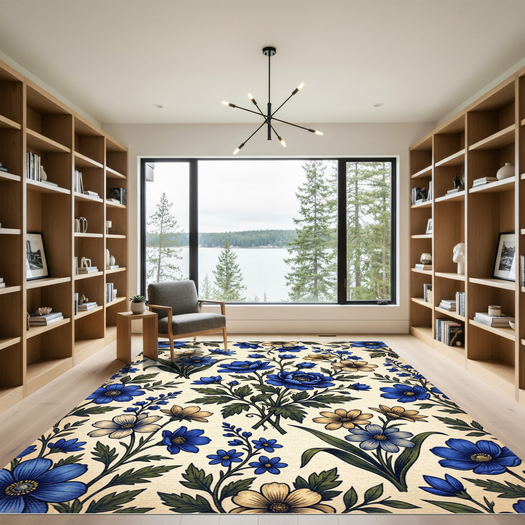 Vintage Blue and Cream Botanical Floral Rug