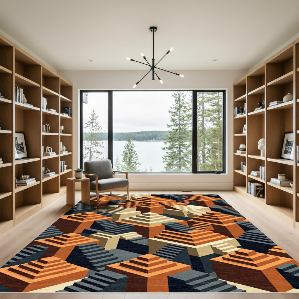 Geometric Terracotta Staircase Isometric Rug