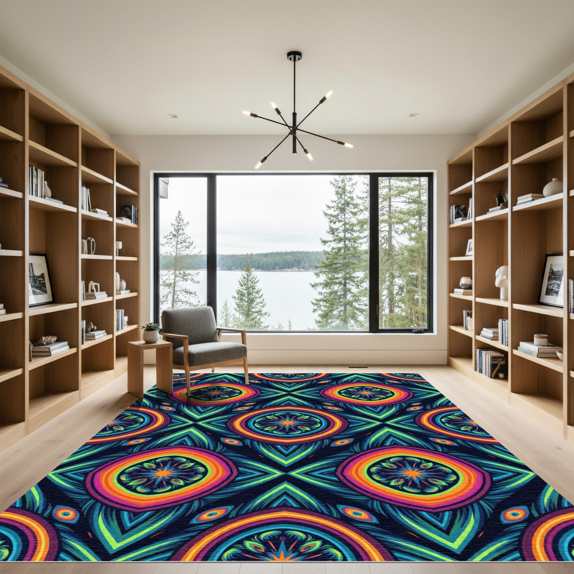 Vibrant Neon Mandala Kaleidoscope Medallion Rug