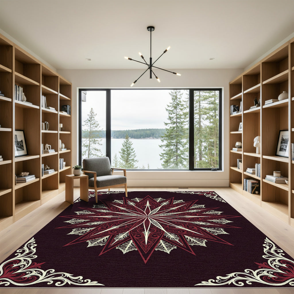 Deep Burgundy White Filigree Star Rug