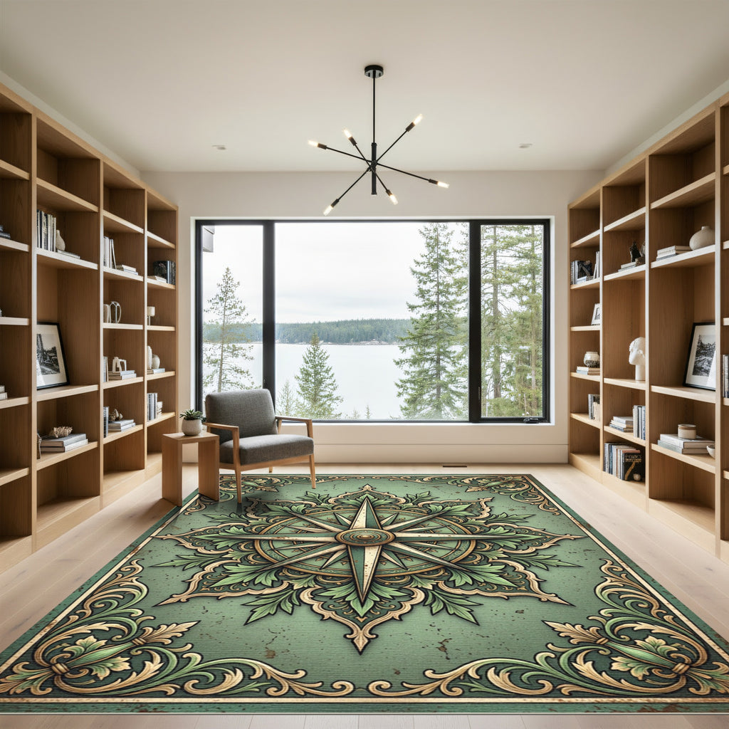 Antique Green Compass Rose Floral Rug