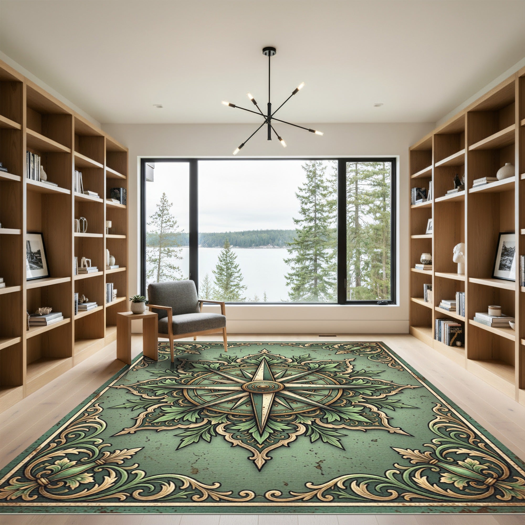 Antique Green Compass Rose Floral Rug