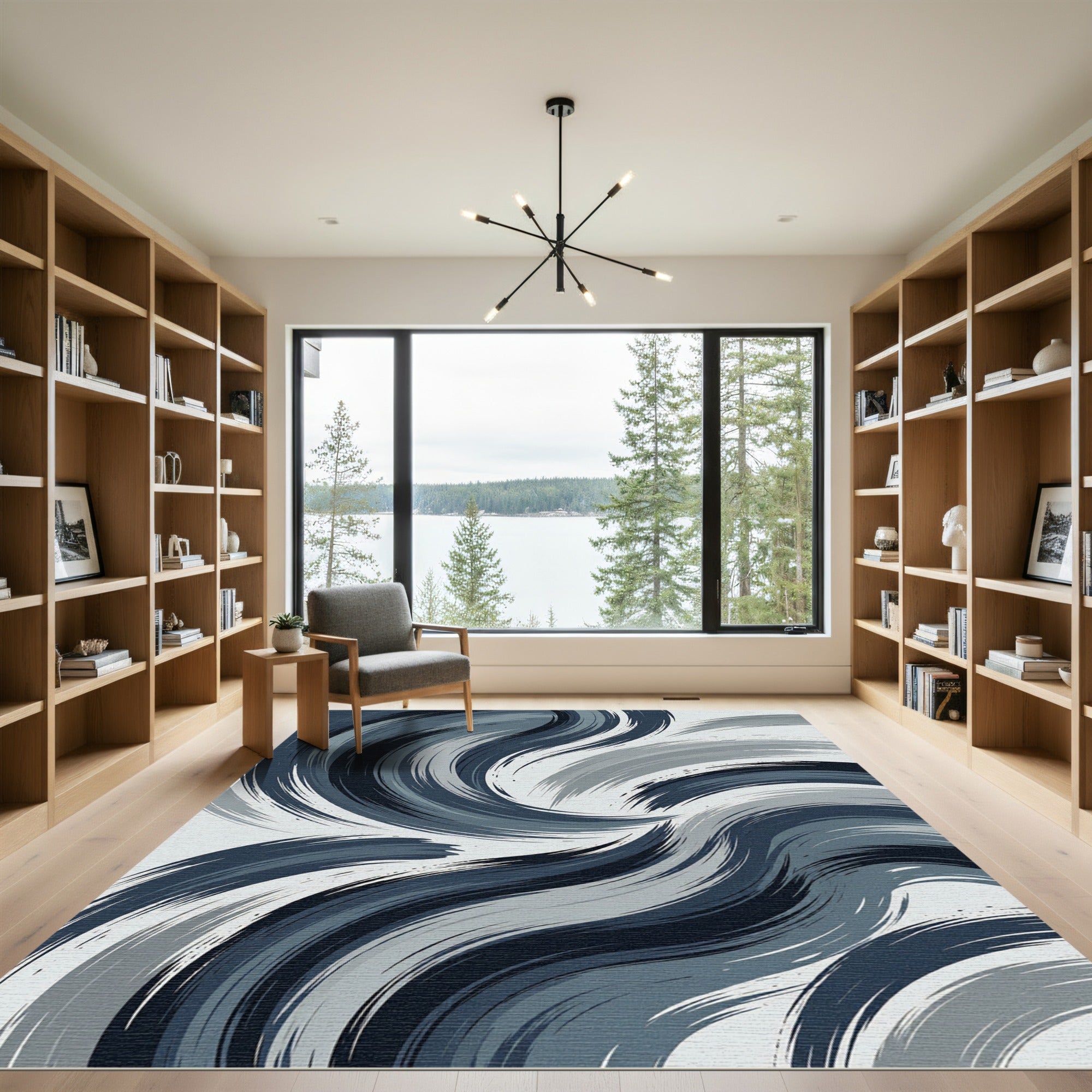 Abstract Cobalt Blue Brushstroke Swirl Rug