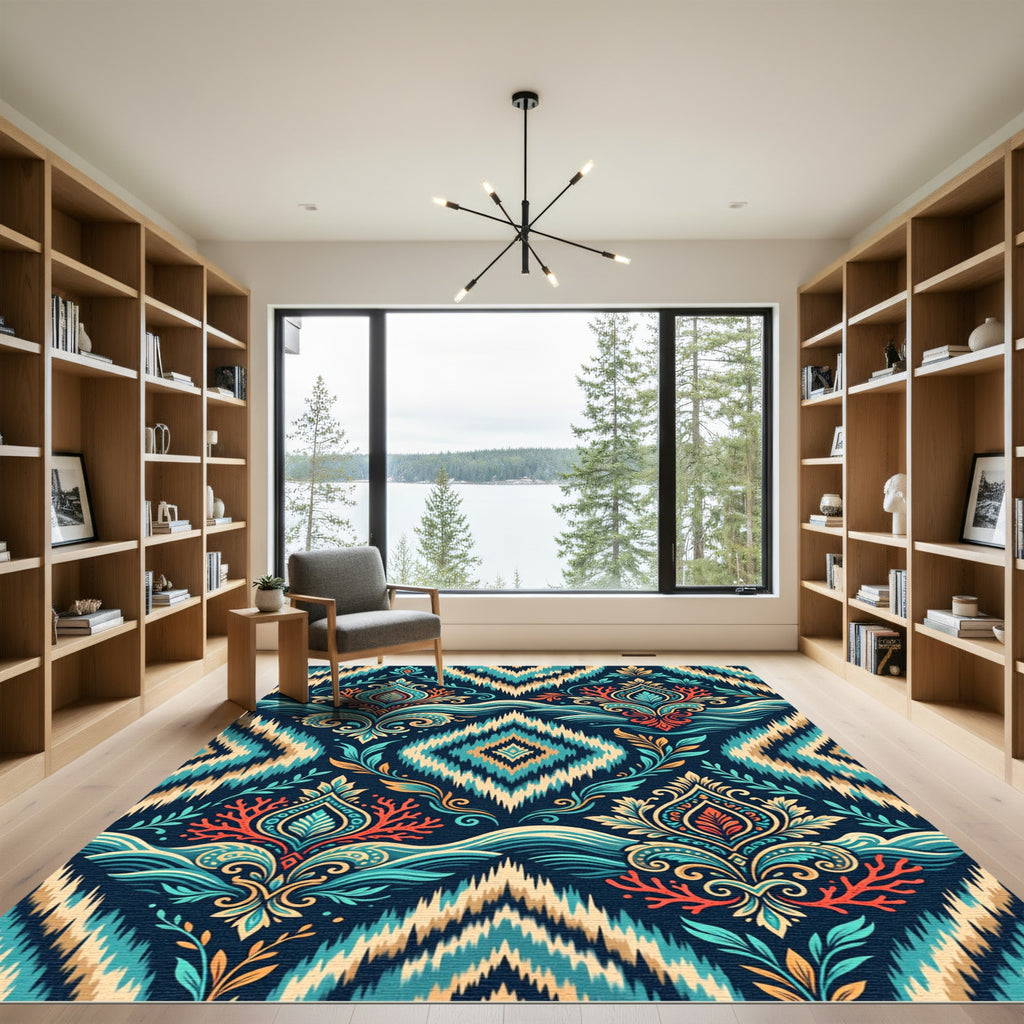 Boho Navy Teal Ikat Floral Medallion Rug