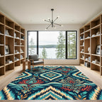 Boho Navy Teal Ikat Floral Medallion Rug