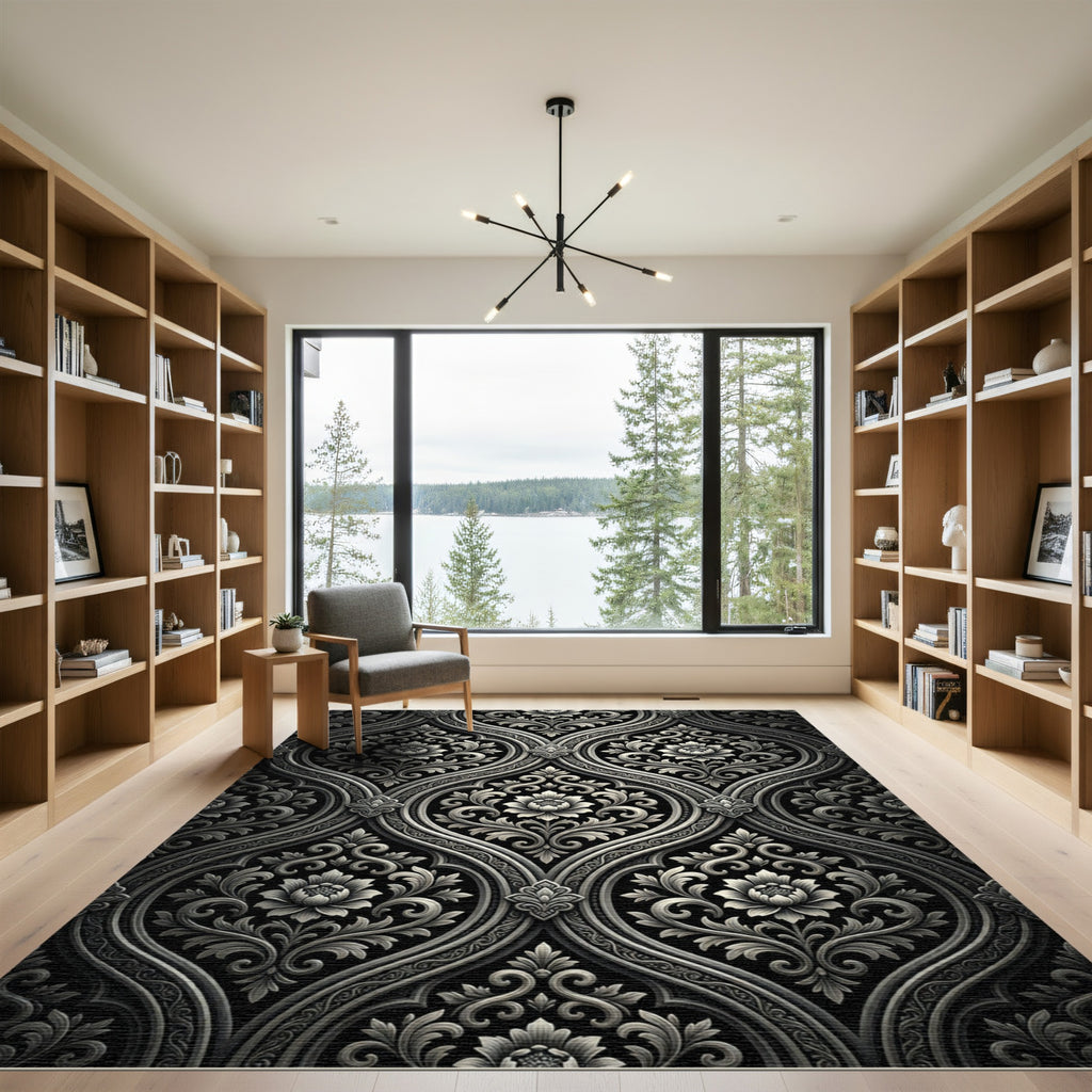 Ornate Black and White Damask Floral Rug