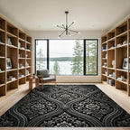 Ornate Black and White Damask Floral Rug