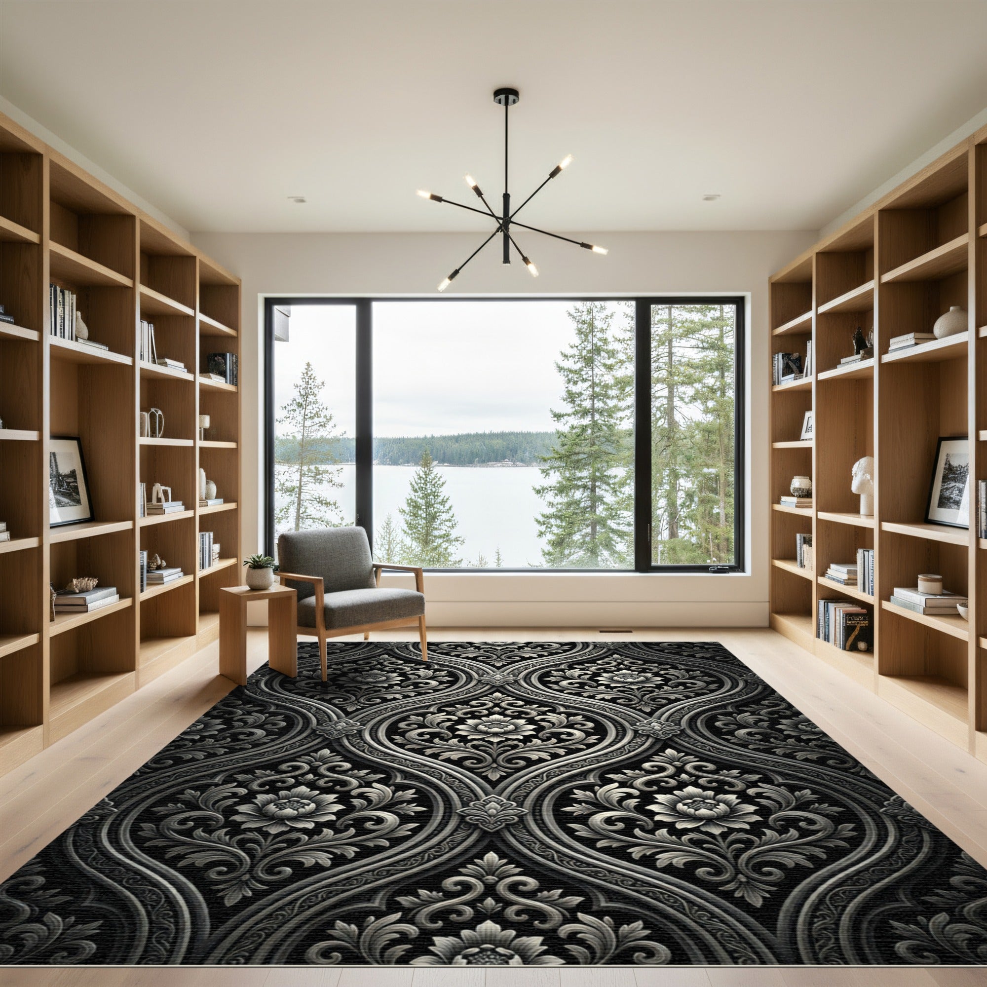 Ornate Black and White Damask Floral Rug