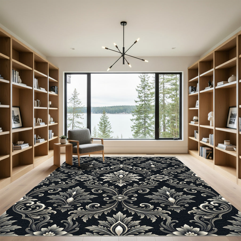 Elegant Black and Silver Damask Rug