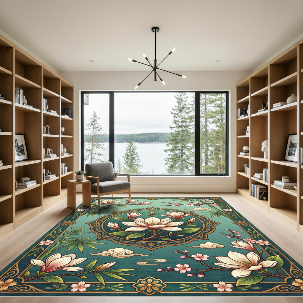 Elegant Teal Magnolia Bamboo Floral Medallion Rug