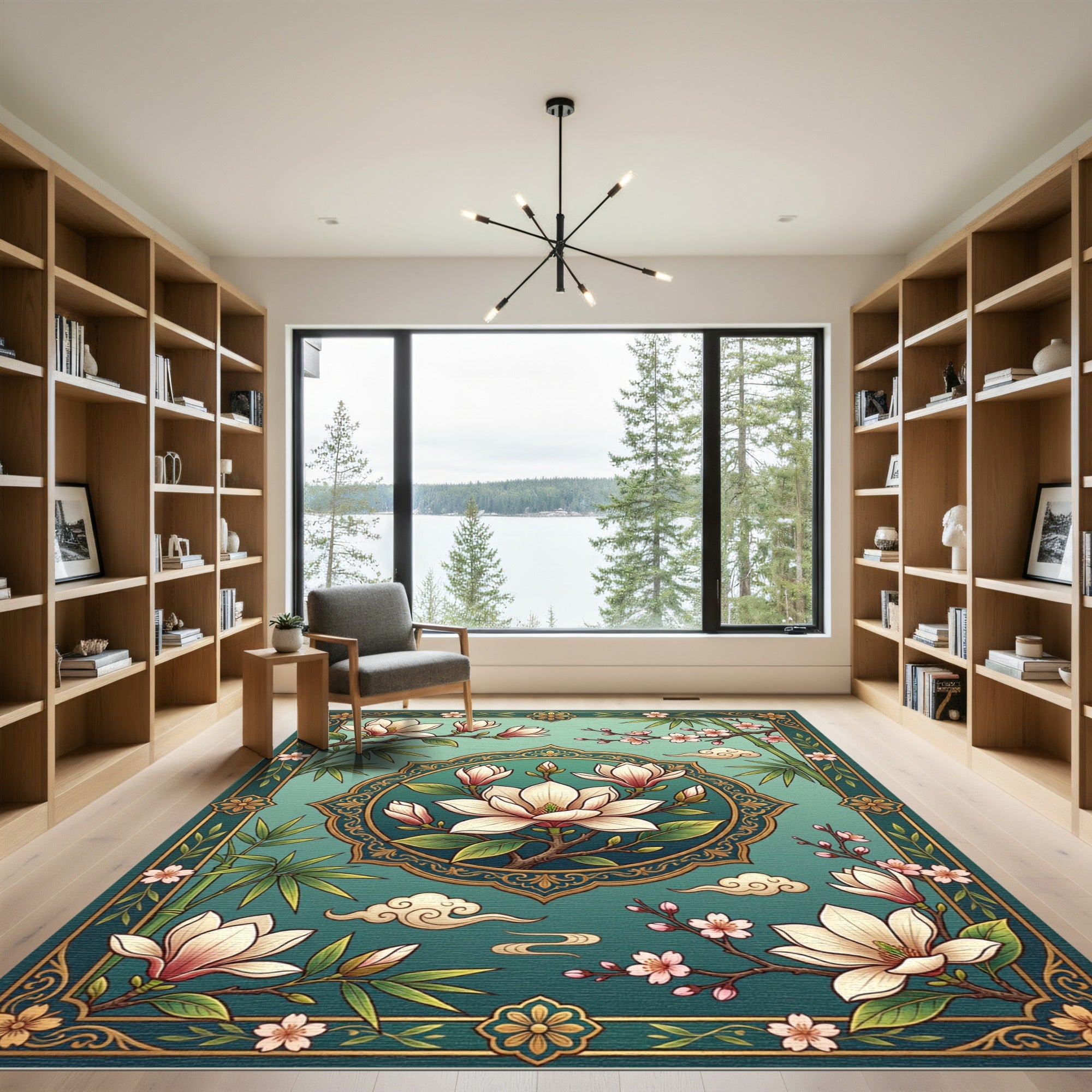Elegant Teal Magnolia Bamboo Floral Medallion Rug