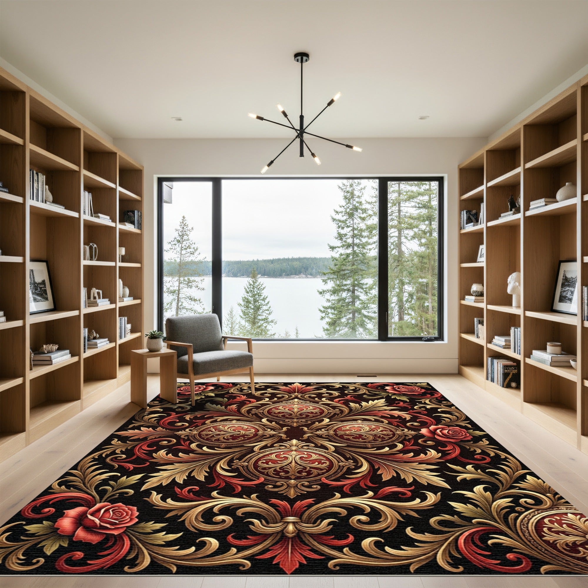 Ornate Gold Red Rose Scrollwork Rug