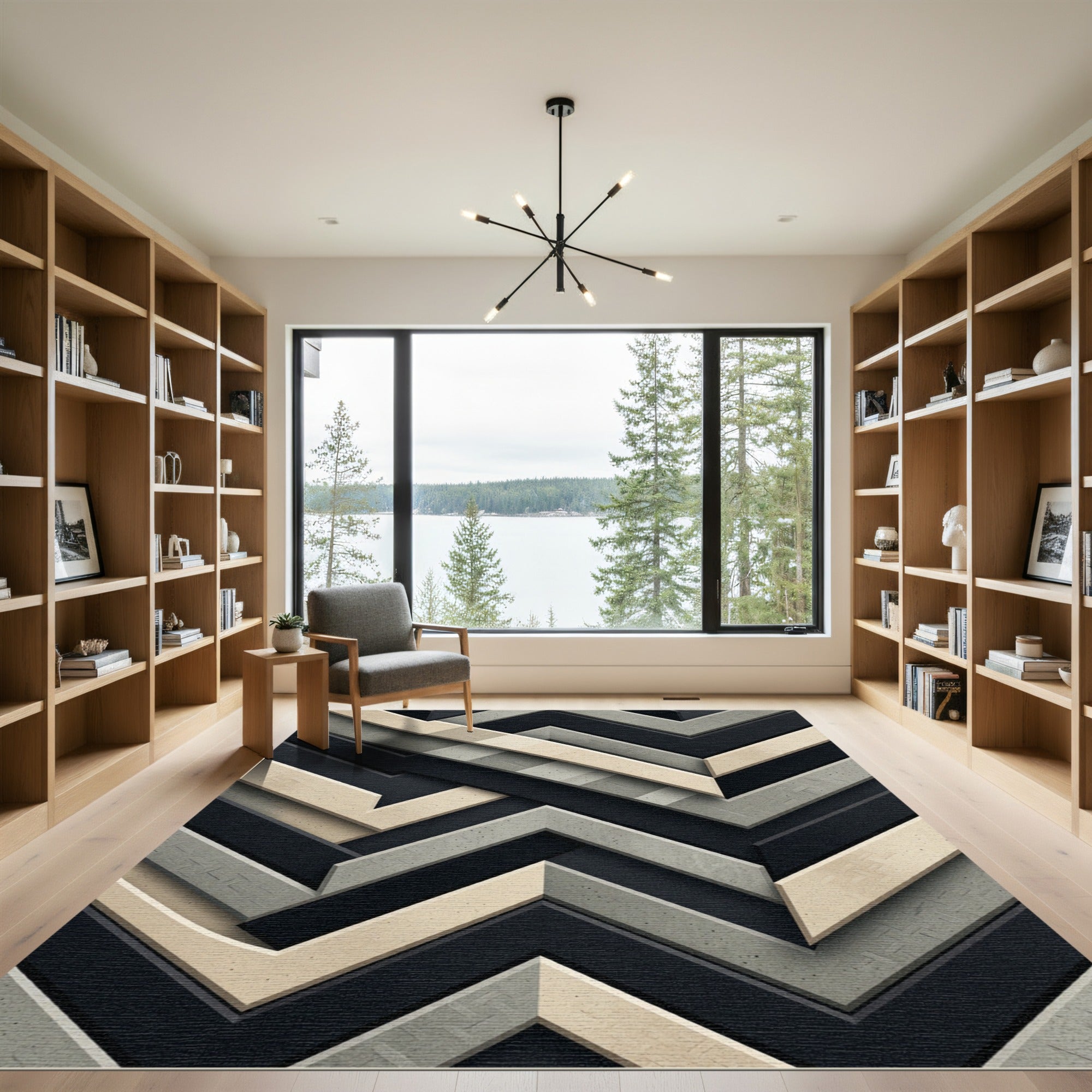 Monochrome Geometric Chevron Layered Art Rug