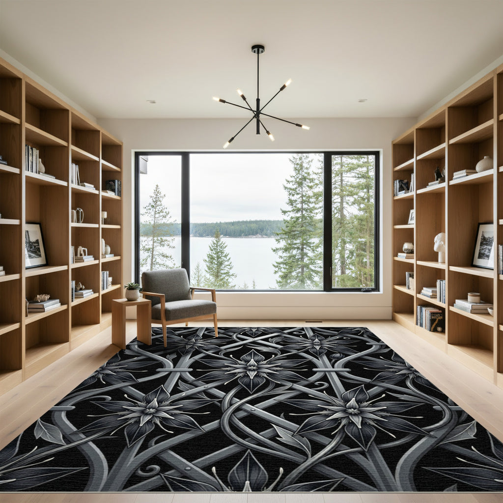 Monochrome Metallic Floral Lattice Trellis Rug