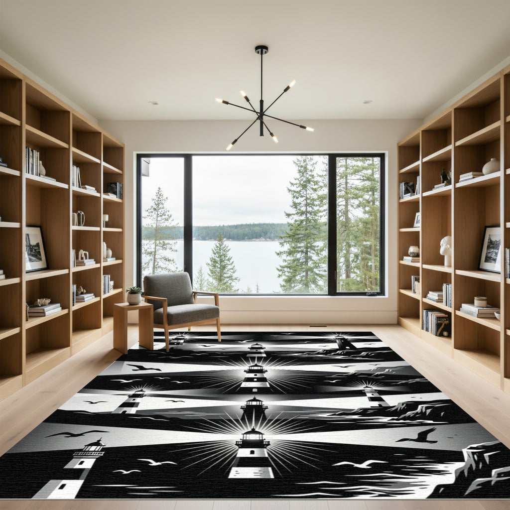 Monochromatic Coastal Lighthouse Graphic Art Rug