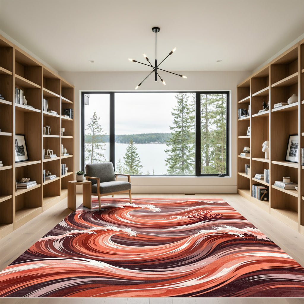 Earthy Coral Wave and Branch Composition Rug