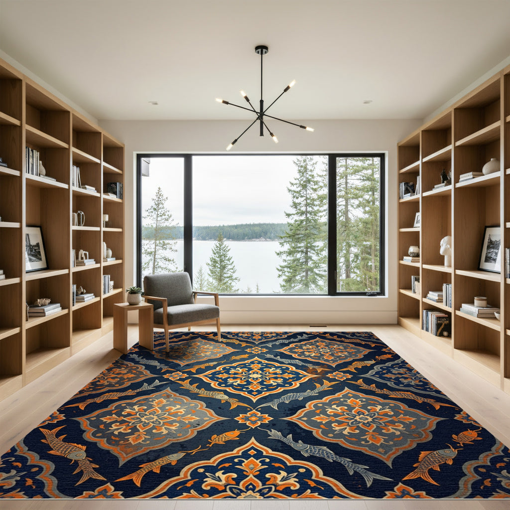 Golden Koi And Navy Floral Damask Rug