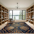Golden Koi And Navy Floral Damask Rug