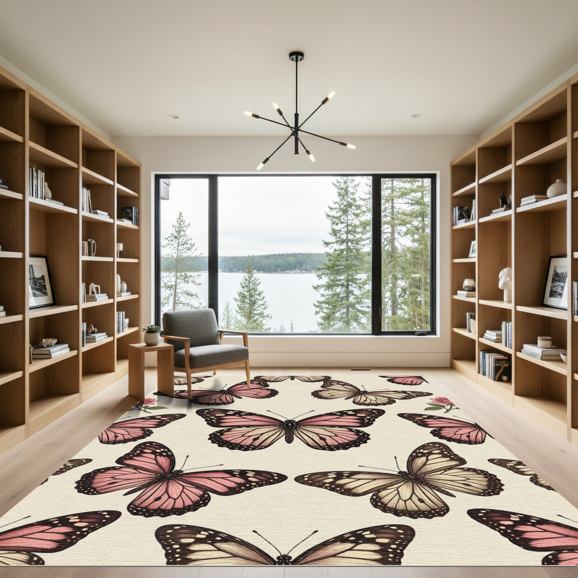 Blush Pink Butterfly and Rose Garden Rug