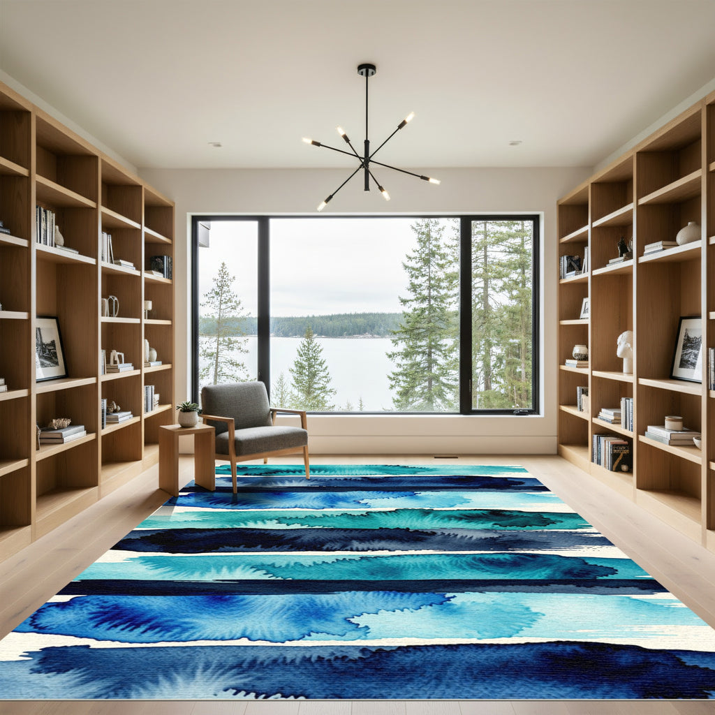 Abstract Watercolor Ocean Blue Striped Rug
