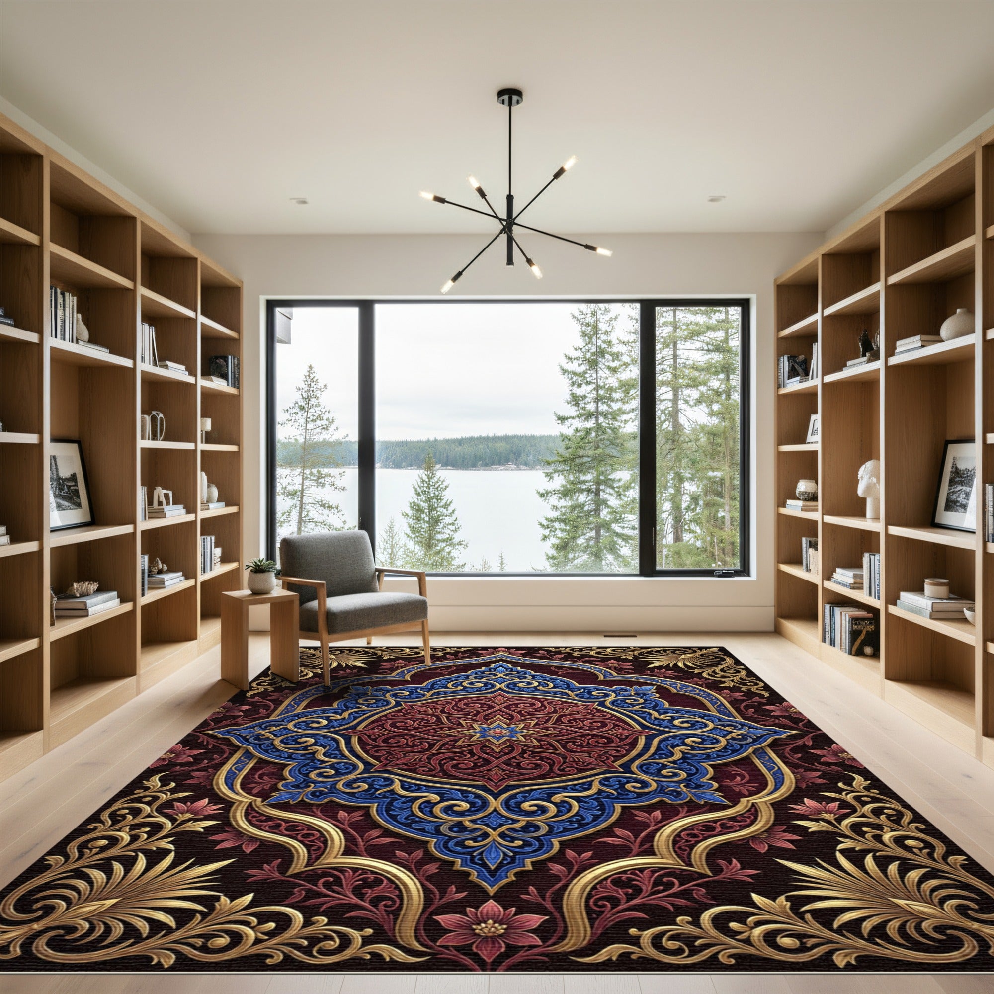 Ornate Royal Blue Crimson Floral Medallion Rug