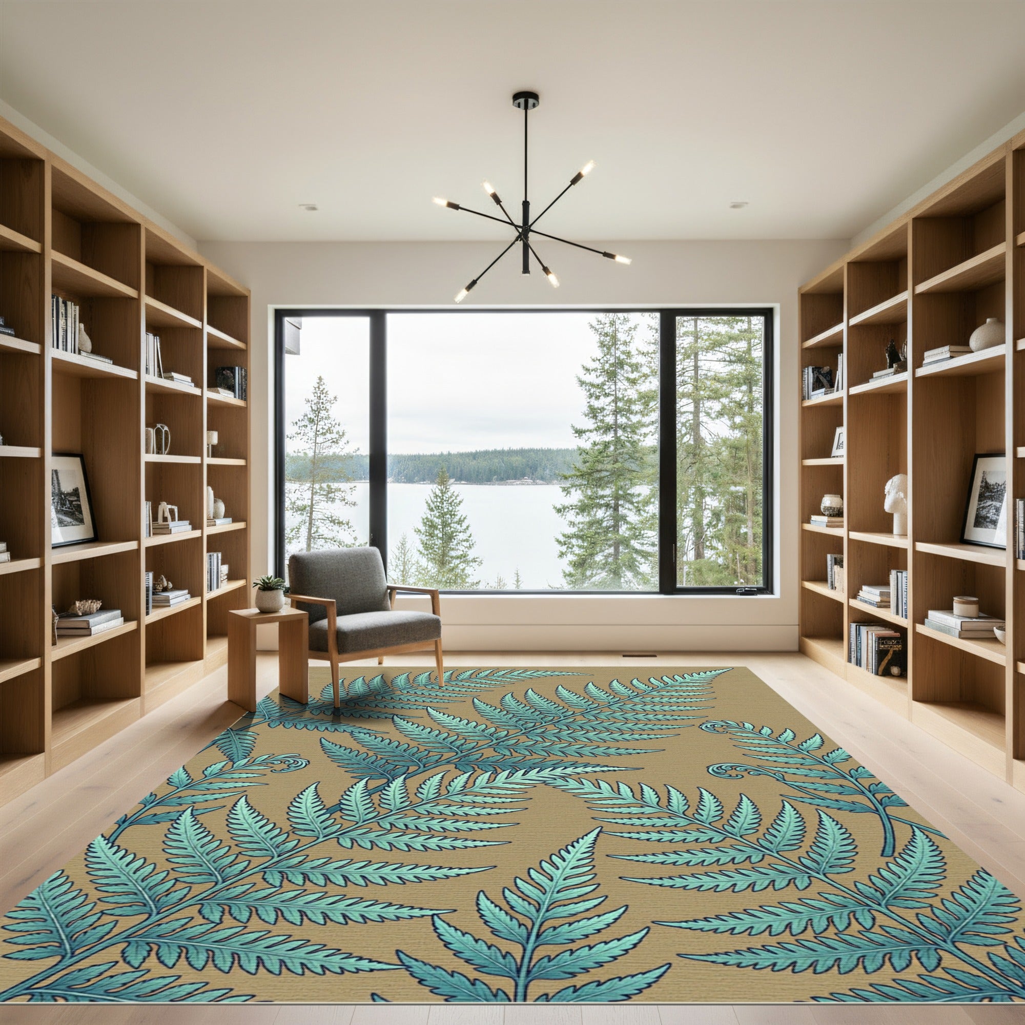 Lush Teal Fern Botanical Illustration Rug