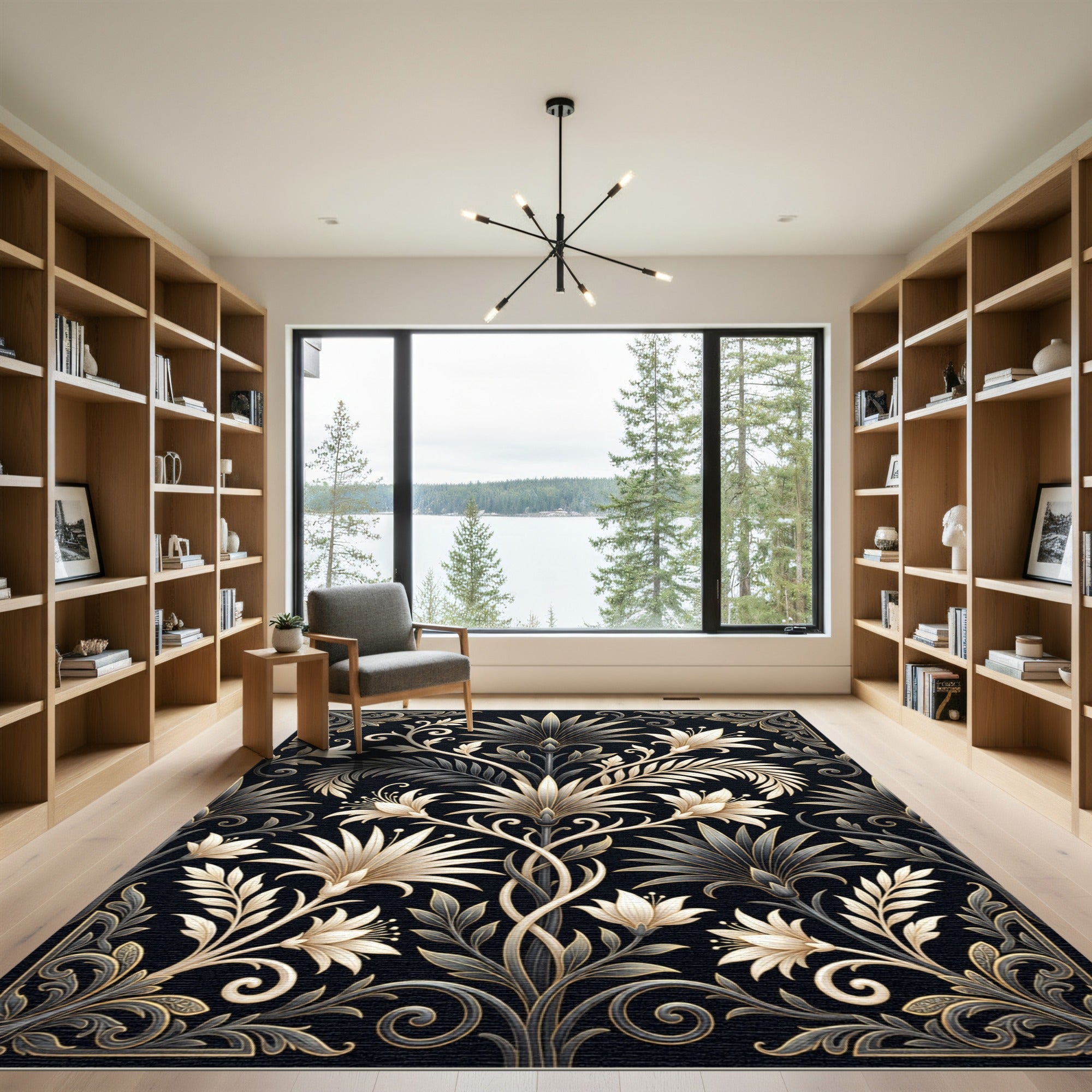 Elegant Gold and Charcoal Botanical Crest Rug